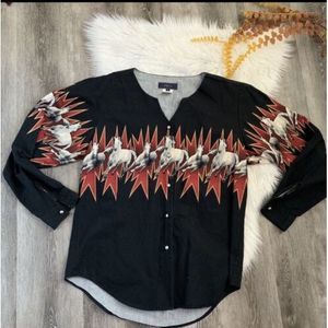 Vintage Roper Shirt Women Aztec Black Horse Scenic Print Blouse USA Southwestern